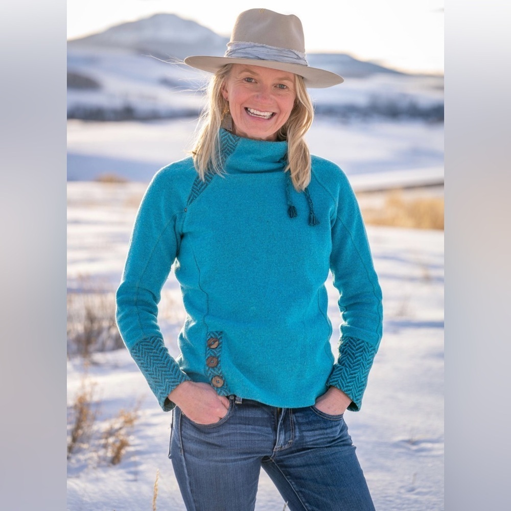 PRANA XS Blue Lucia Funnel Turtle Neck Recycled Wool Blend Sweater Outdoor Warm